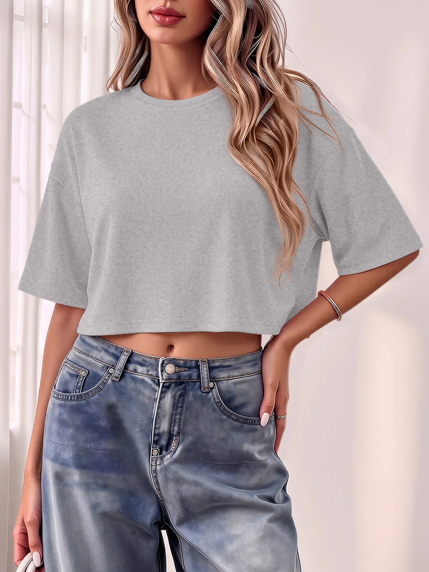 Trendy Blogger Preferred Cropped Short Sleeve Tee, Relaxed Ribbed Top for Social Media Photo Shots