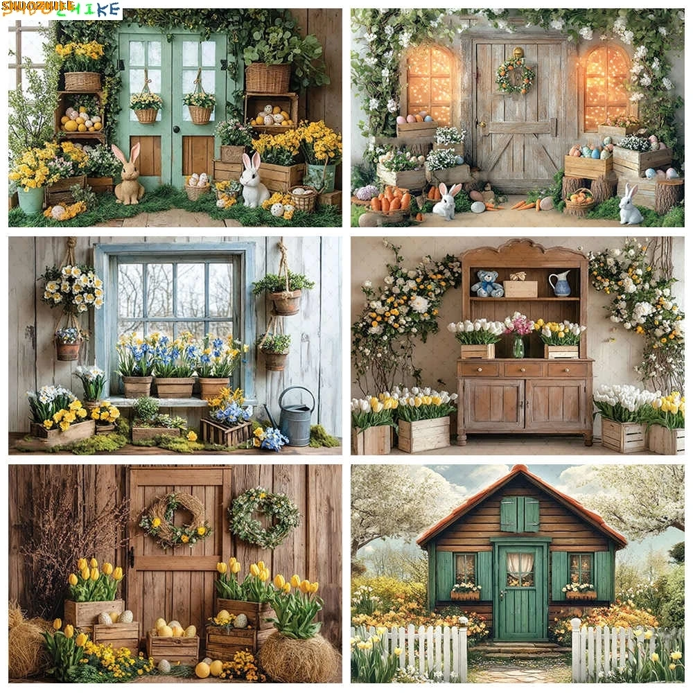 

Spring Colorful Floral Rustic Wall Easter Day Background Garden Flowers Birthday Party Rabbit Eggs Photography Backdrop FH-01