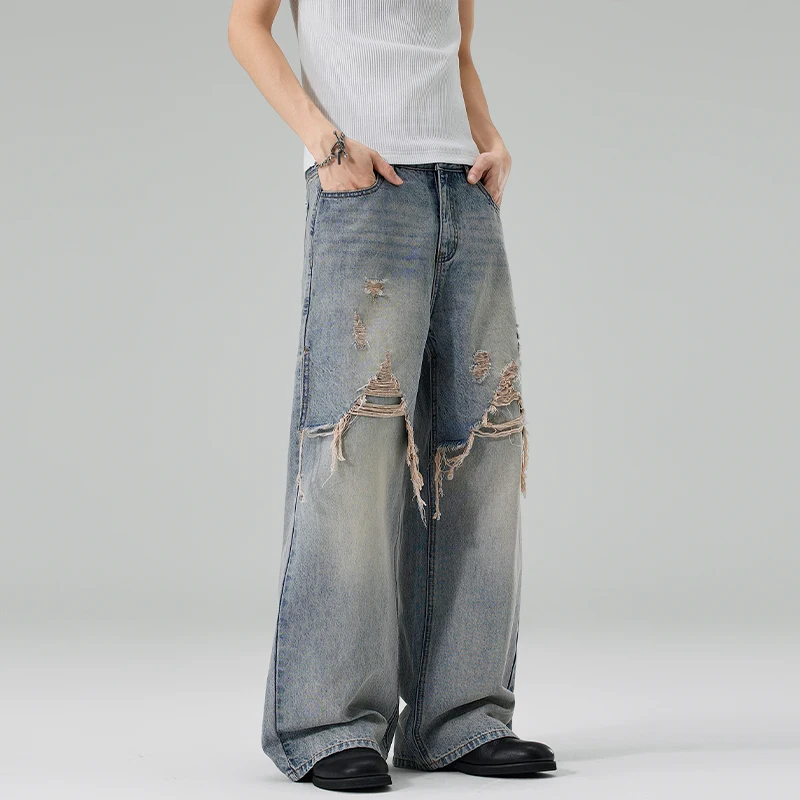 Men's Light Blue Jeans American Style Fake Two Piece Patchwork Ripped Denim Long Pants Trendy Loose Straight Trousers