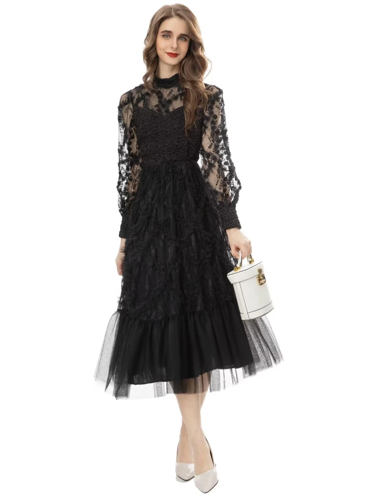 Spring Autumn New Women‘S High Quality Pleated Black Lace Mesh Elegant Slim Gorgeous Party Casual Vintage Fashion Midi Dress