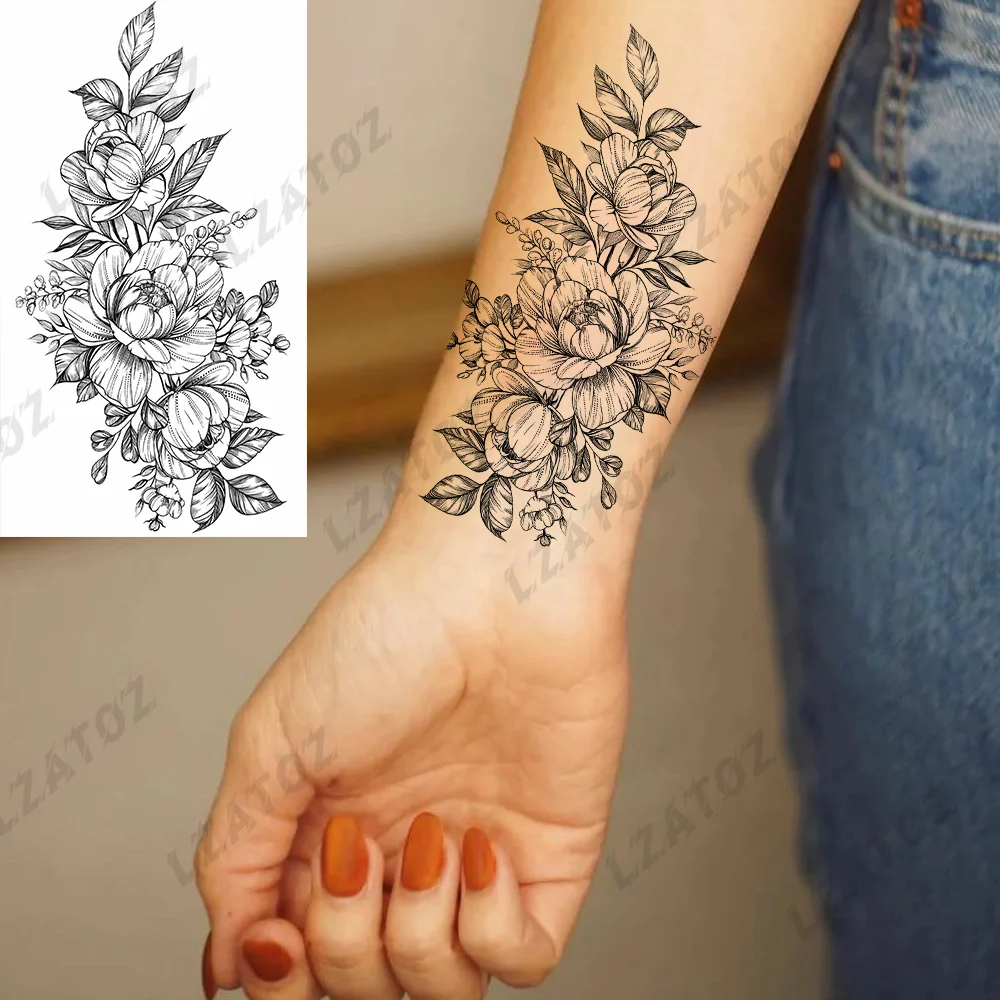 Sexy Dahlia Flower Temporary Tattoos For Woman Adult Realistic Fake Snake Butterfly Tattoo Sticker Waterproof Hand Art Tatoos