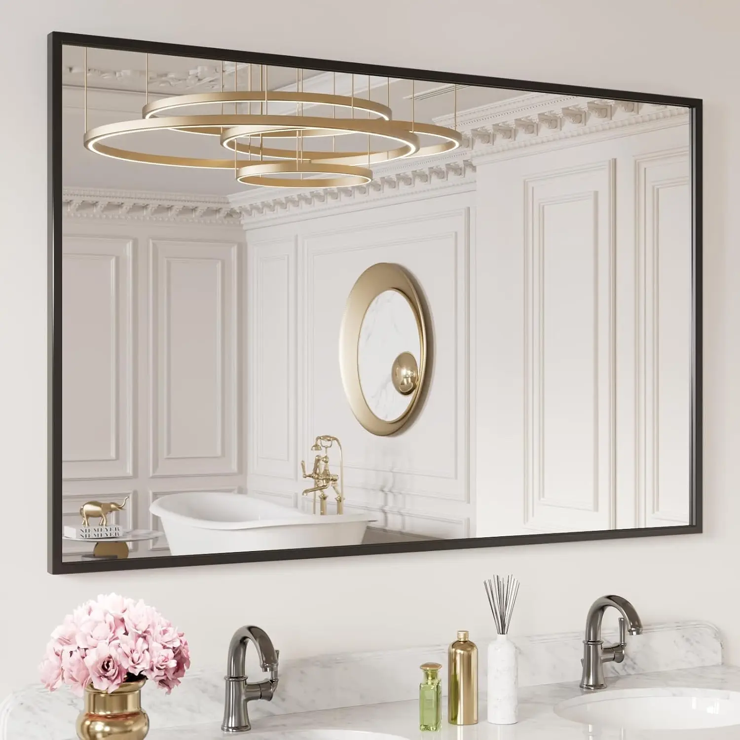 48 X30 Black Rectangle Bathroom Mirror Matte Aluminum Alloy Frame Tempered Glass Hangs Vertically Horizontally Easy Install