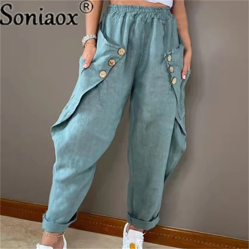 

2022 Spring New Women's Harlan Pants Casual High Waist Pocket Button Trousers Ladies Vintage Harajuku Chic Solid Color Bottoms