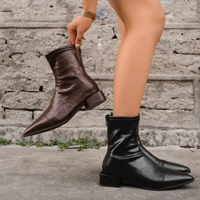 

2026 модные современные женские короткие ботинки с острым носком, женские ботильоны на квадратном каблуке, женские эластичные ботильоны на молнии, туфли-лодочки 35-43
