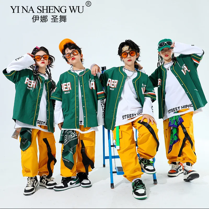 Hip Hop Boys Fashion Baseball Jacket Solid Cargo Pants Girls Cool Streetwear Children Jazz Clothes Set Kids Street Dance Costume