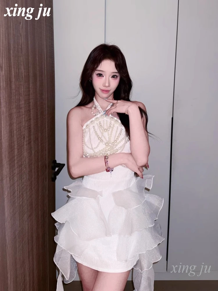 Kpop Korean Singer Concert White Pearl Halter Vest Dress Jazz Dance Performance Costumes Nightclub DJ Women Hip Hop Stage Outfit