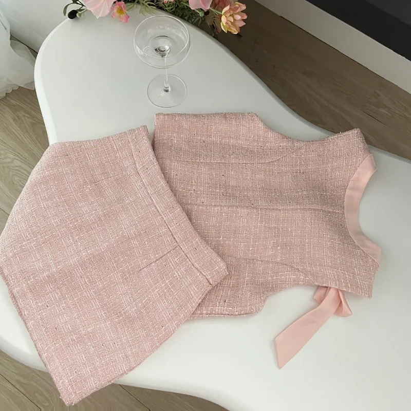 Pink Sweet French Bow Light Small Fragrance Women Set Vest +high Waist Skirt Fashion Korea Chic Party Sleeveless Two-piece Suit