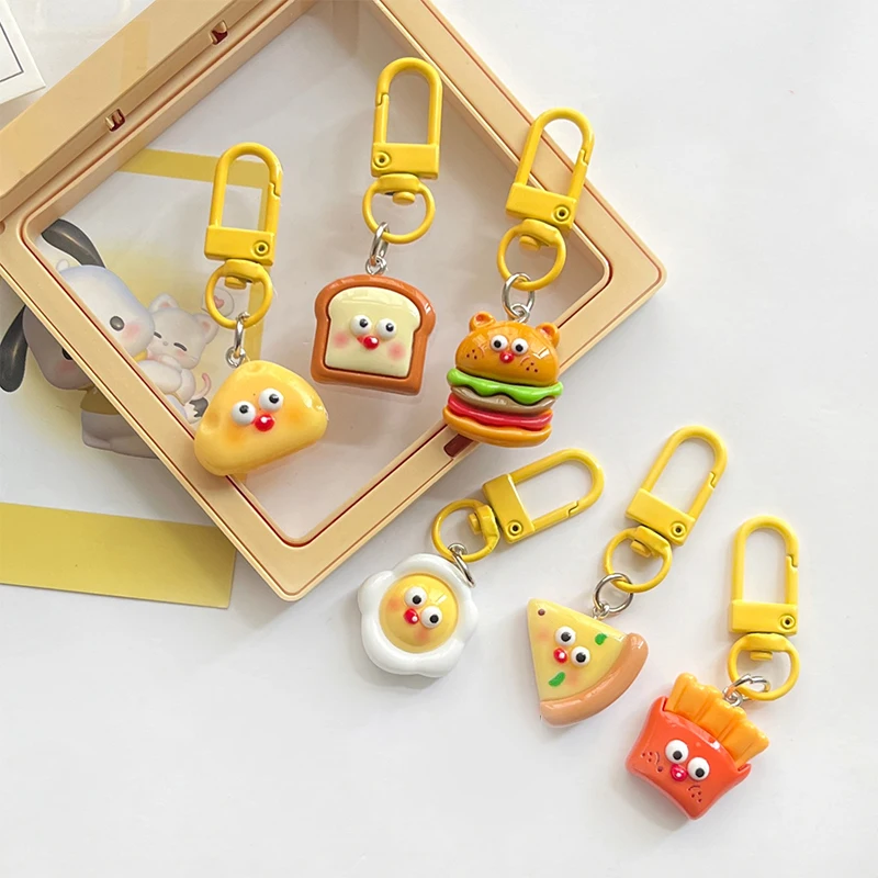 Cute Cheese Fries Bread Poached Eggs Burger Pendant Resin Keychain Student Couple Personality Bag Pendant Car Keyring Jewelry