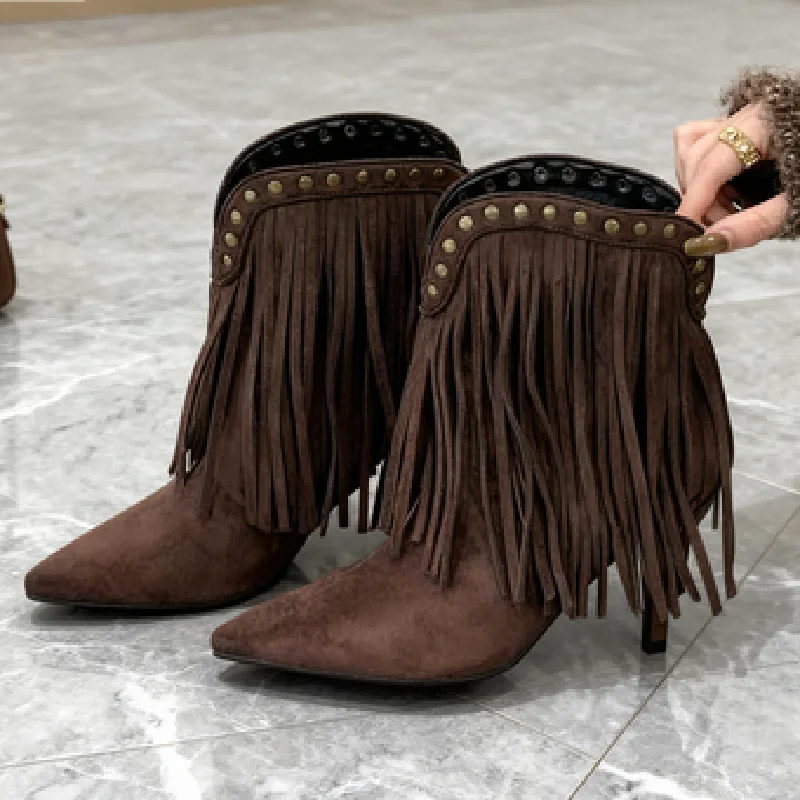 

Fashion Rivet Tassel Design Women's Ankle Boots Autumn Winter Comfort Warm Pointed Toe Knight Boots Elegant Party Designer Shoes