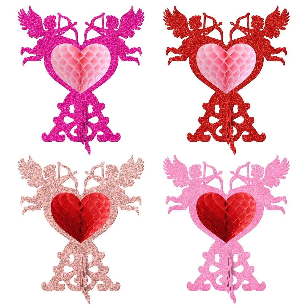 Sweet and Romantic 4-Piece Set of Shiny Angel Heart Honeycomb Desktop 3D Ornaments for Valentine's Day Confession, Engagement, W