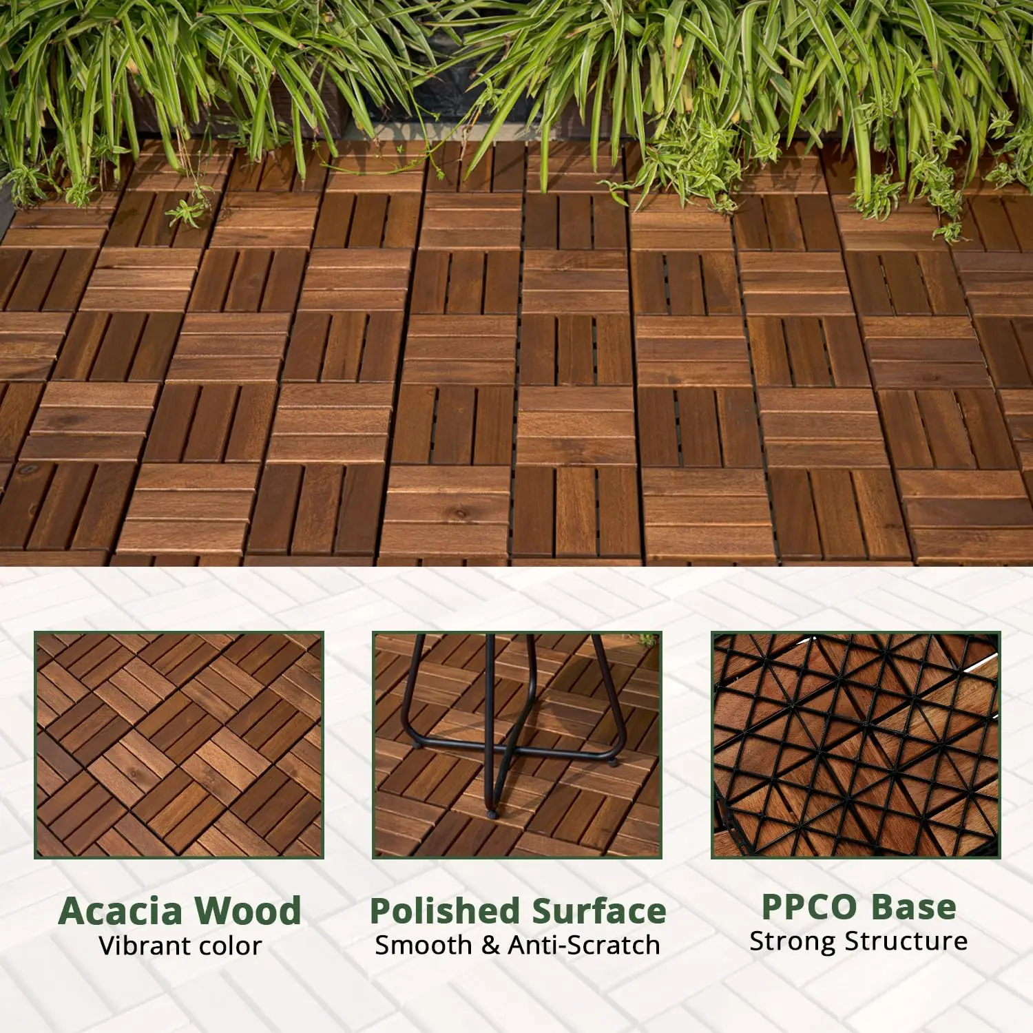 Interlocking Acacia Wood Deck Tiles 12x12, 30PCS, Brown | Waterproof acacia wood decking for all-weather use. Premium outdoor