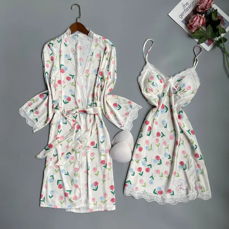 Twinset Lace Robe Set Women Sleepwear Nightgown New Female Kimono Bathrobe Gown Suit Sexy Spring Summer Silky Satin Home Dress