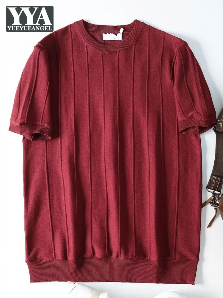 Hot Sale Summer Men Jacquard Elasticity Casual Knitted T-Shirt Short Sleeve O-Neck Tops Loose Fit Daily Tees Breathable Pullover