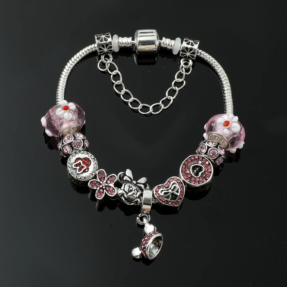 Disney Minnie Mouse Charm Bracelet Pink Cherry Blossoms Crystal Bead Bracelet Jewelry for Girls DIY Handmade Hand Accessories