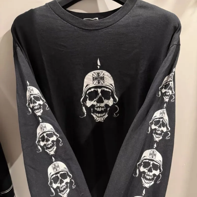 Skull Cross Helmet Printed Cotton Black Round Neck Long Sleeve West Coast Choppers Sweatshirt American Street Men Women Top