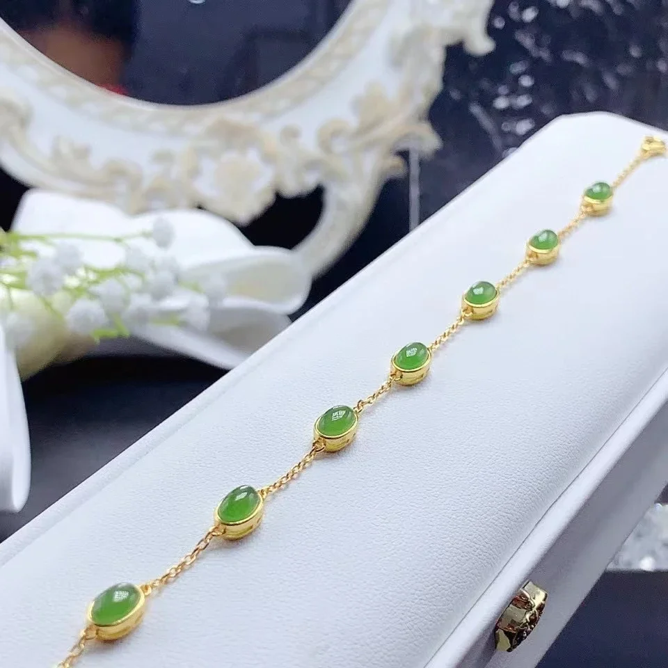 Fashion Thin 925 Silver Jade Bracelet for Vacation 4mm*6mm Total 3.5ct Natural Green Jade Silver Bracelet with 18K Gold Plating