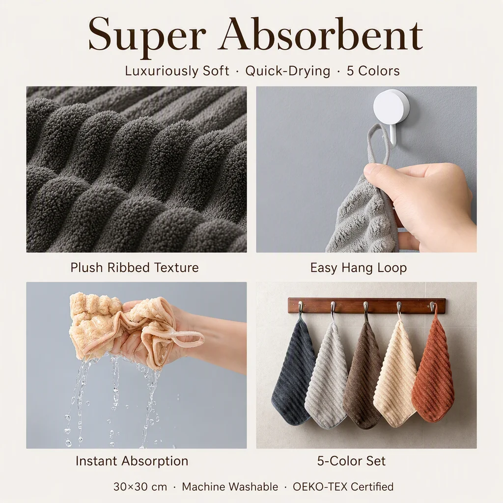 5-Piece Luxury Soft Super Absorbent Hand Towel Set - 11.8*11.8 inch Quick Drying Washcloths for Household and Daily Necessities