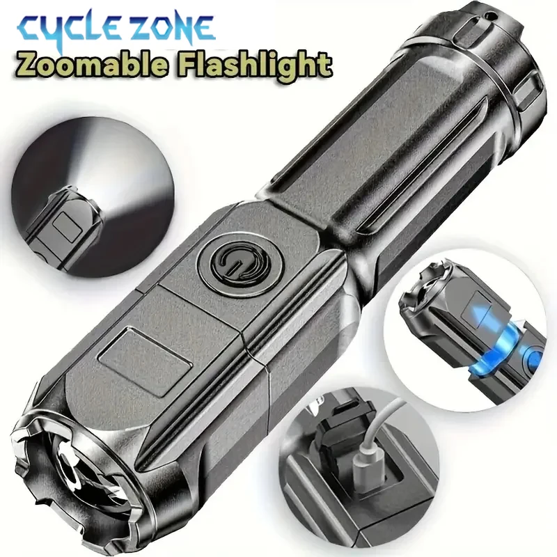 

Powerful LED Flashlight USB Rechargeable Torch Portable Zoomable Camping Light 3 Lighting Modes Outdoor Hiking Emergency Lamp