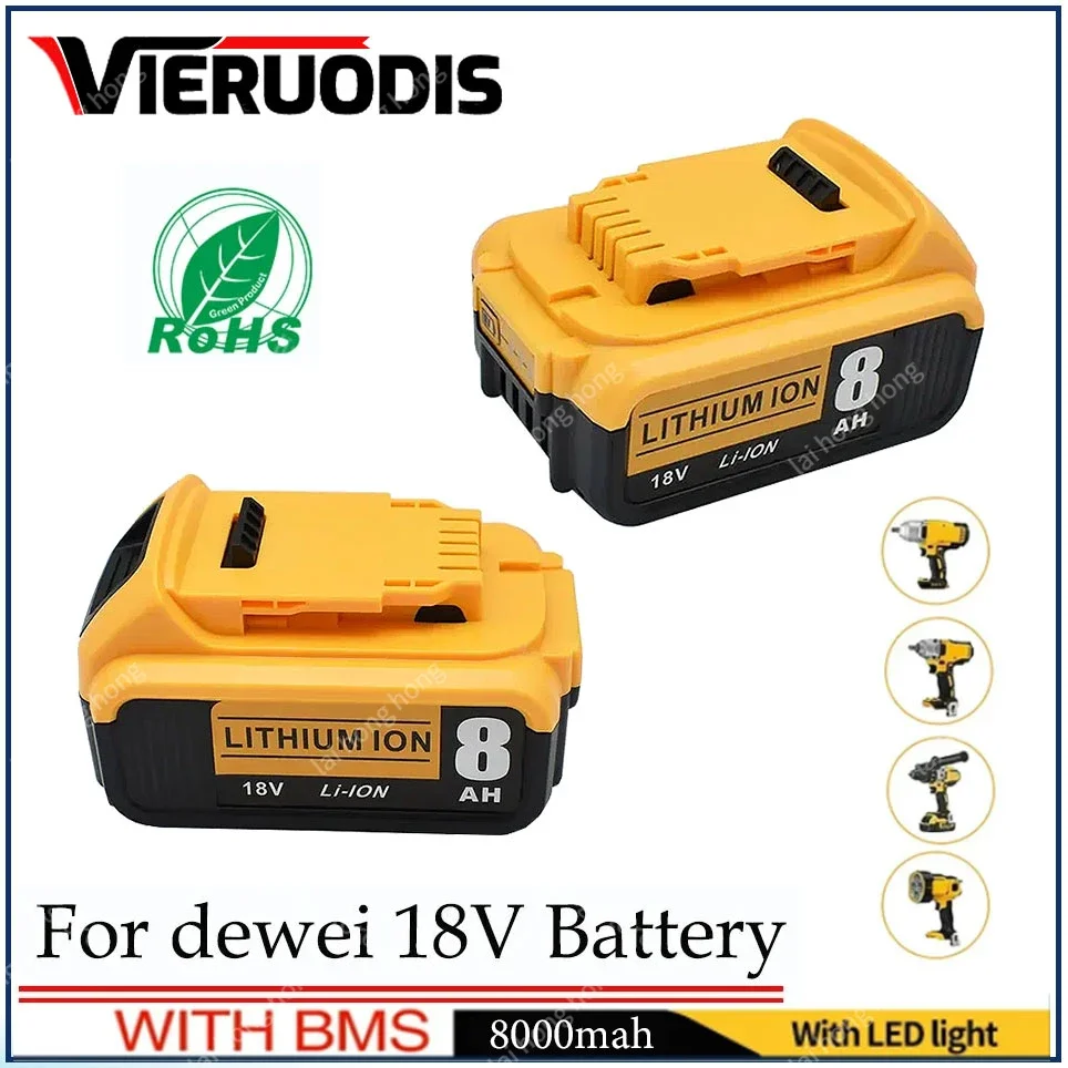 

100% New For DeWalt 18V/20V 8.0Ah 6.0Ah Rechargeable Power Tools Battery with LED Li-ion Replacement DCB205 DCB204-2 DCB206