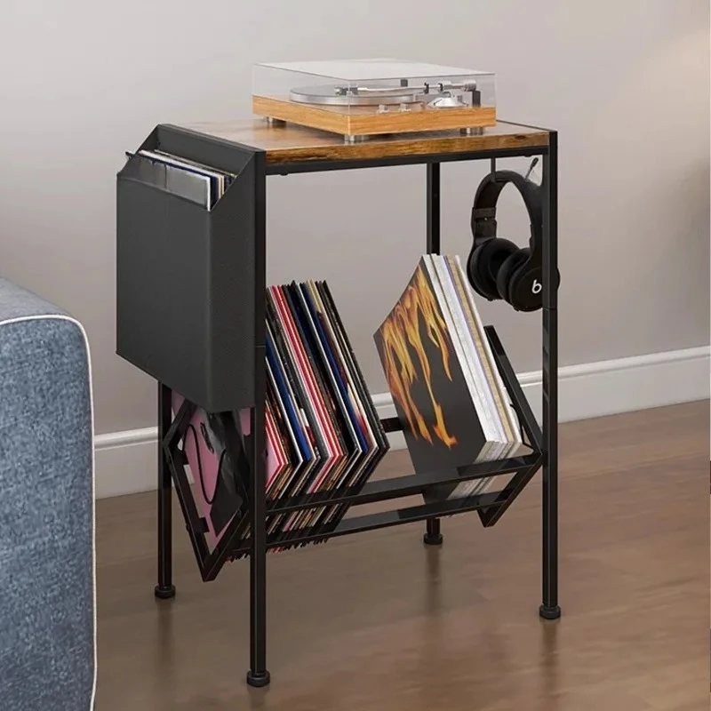 Retro Industrial Record Cabinet Carbon Steel Side Table with Storage Organizer Living Room Decor for Record Player & Accessories