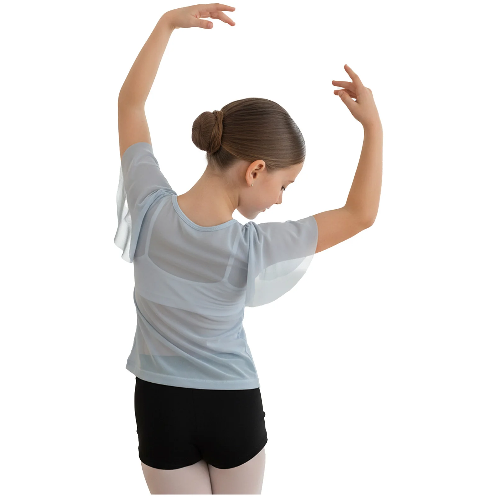 Kids Girls Ballet Dance Tops Short Sleeve V-neck Sheer Mesh Classical Top Gymnastics Dancing Classes Training Warm Up Clothing