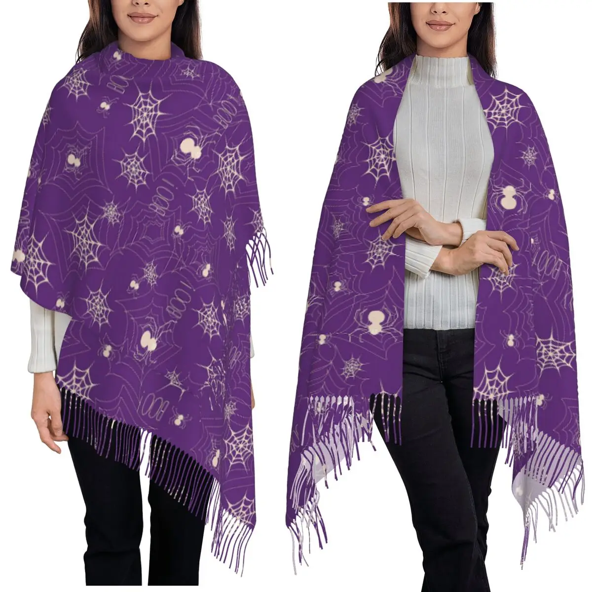 Halloween Black Cat Spider Gothic Witch Scarf Tassel Scarves Women Soft Warm Shawls and Wraps Long Fall Winter Shawl Wrap