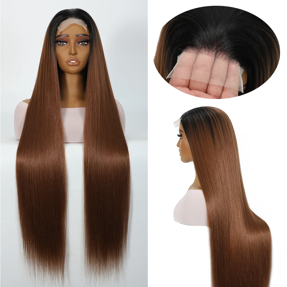 

Длинные прямые парики коричневого цвета 4X4 Кружевной фронтальный парик Синтетические волосы 36-дюймовый парик фронта шнурка # 1B Highlight P27/613 Для ежедневного использования