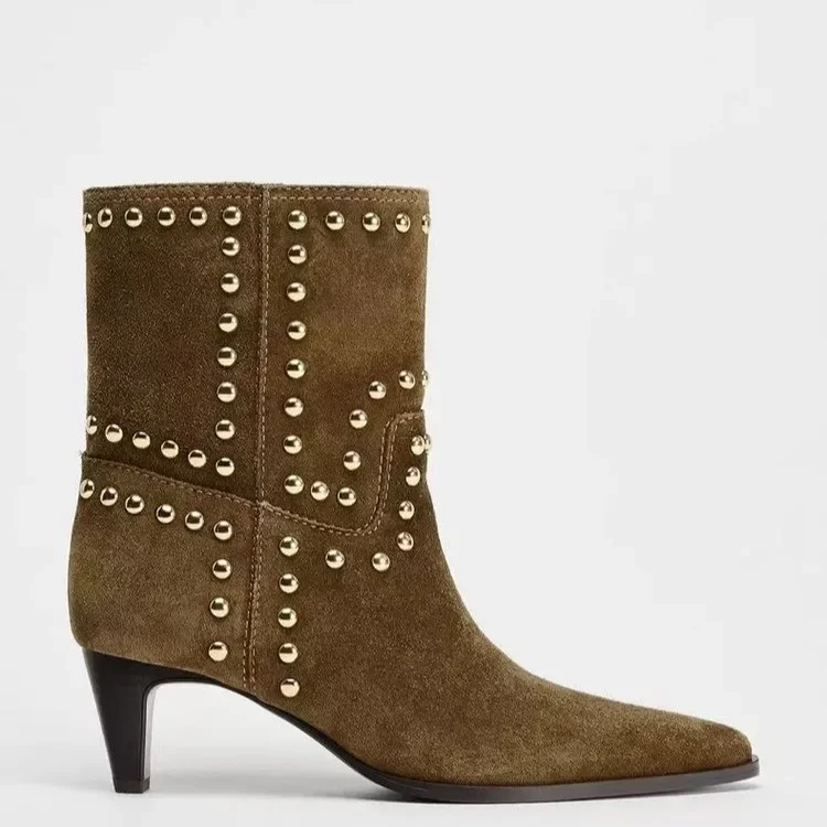 

High Heeled Short Boots Women Fashion 2025 New Large Size Autumn Pointed Thin Heel French Rivet Solid Color Women's Boots