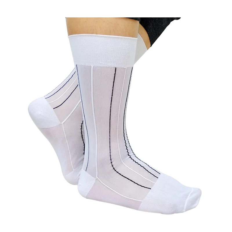 

Белые мужские нейлоновые носки с черной жаккардовой полосой, высококачественные брендовые прозрачные носки для мужчин, подходящие для костюма.