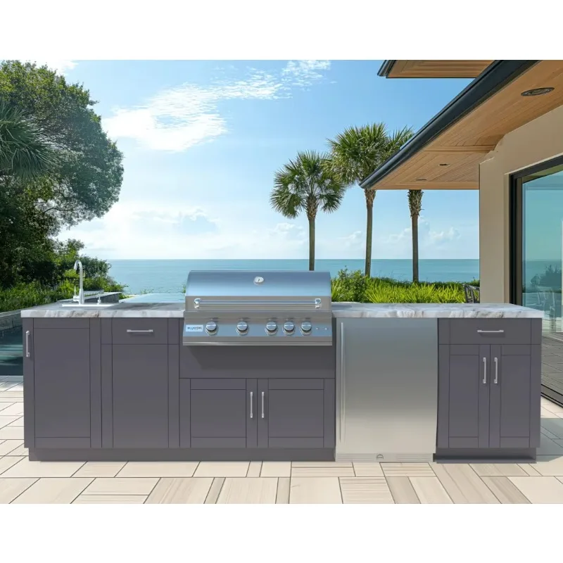 Modular Outdoor Kitchen Cabinets for Villa Sink Backsplash Plywood Construction Wood Lacquered Panels 5+ Faucet Hinge Customized