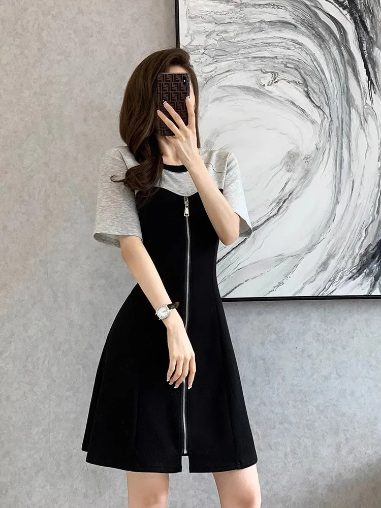 Color Blo Casual T-shirt Dr Feminino Verão Cintura Alta Emagrecimento Falso Saia Bla de Duas Peças Coreano Sle redondo Ne Or...