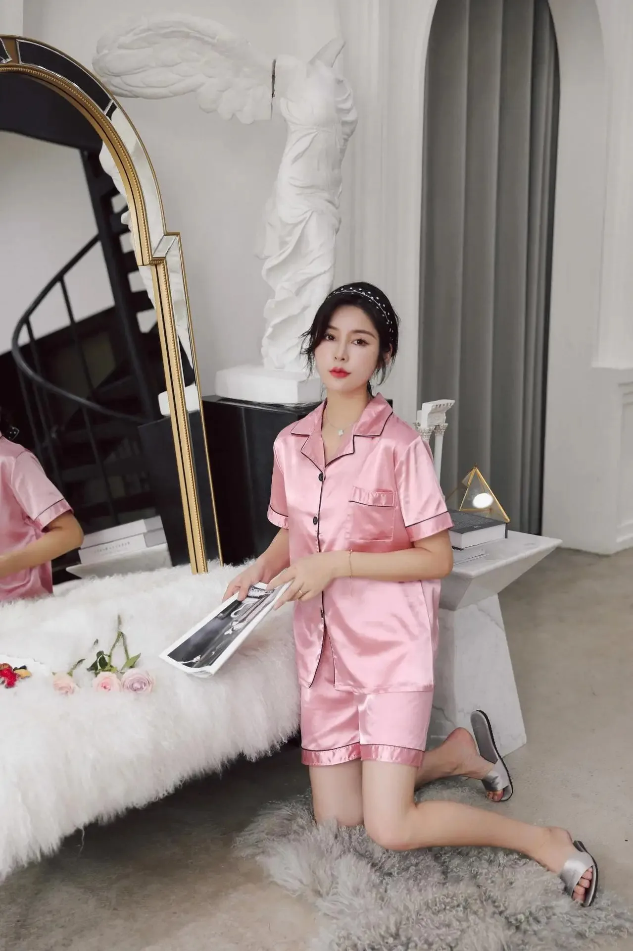 Einfarbig Nachtwäsche Seide Satin Pyjamas Paar Set Kurzen ärmeln Pyjamas Anzug Pijama Frauen Männer Loungewear Plus Größe Pj set – Detail 8