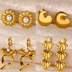 Imitation Pearl Sun Flower Earrings for Women Stainless Steel Gold Color Bow Earrings 2025 Trend Piercing Wedding Jewelry Gift
