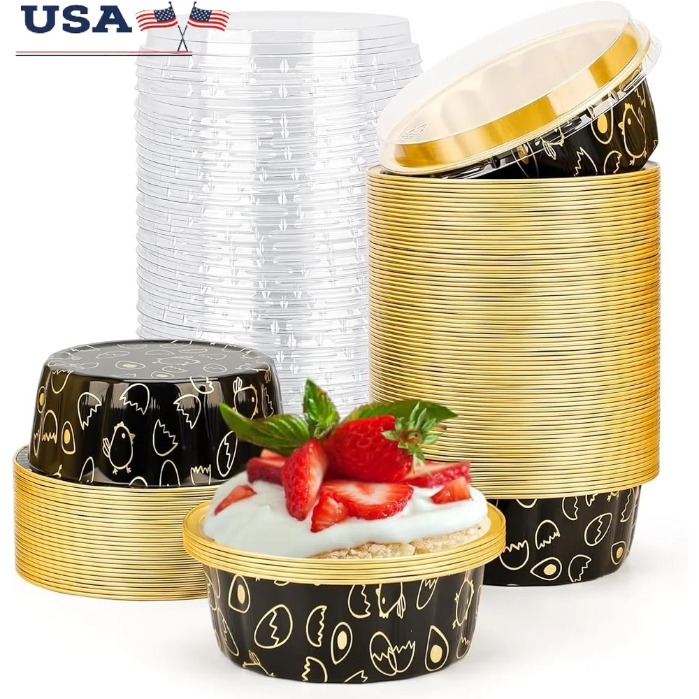 

Disposable Ramekins 8oz Aluminum Foil Cups with Lids Perfect Desserts Baking Muffins Cupcakes Individual Serving 100 Pack