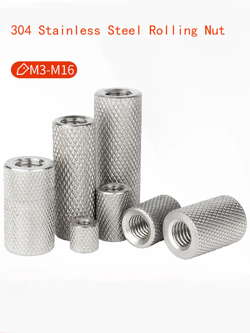 

304 Stainless Steel Extended Knurled Nuts, Cylinder Flat Head Hand-tightened Thread Nut M3 M4 M5 M6 M8 M10 M12 M16