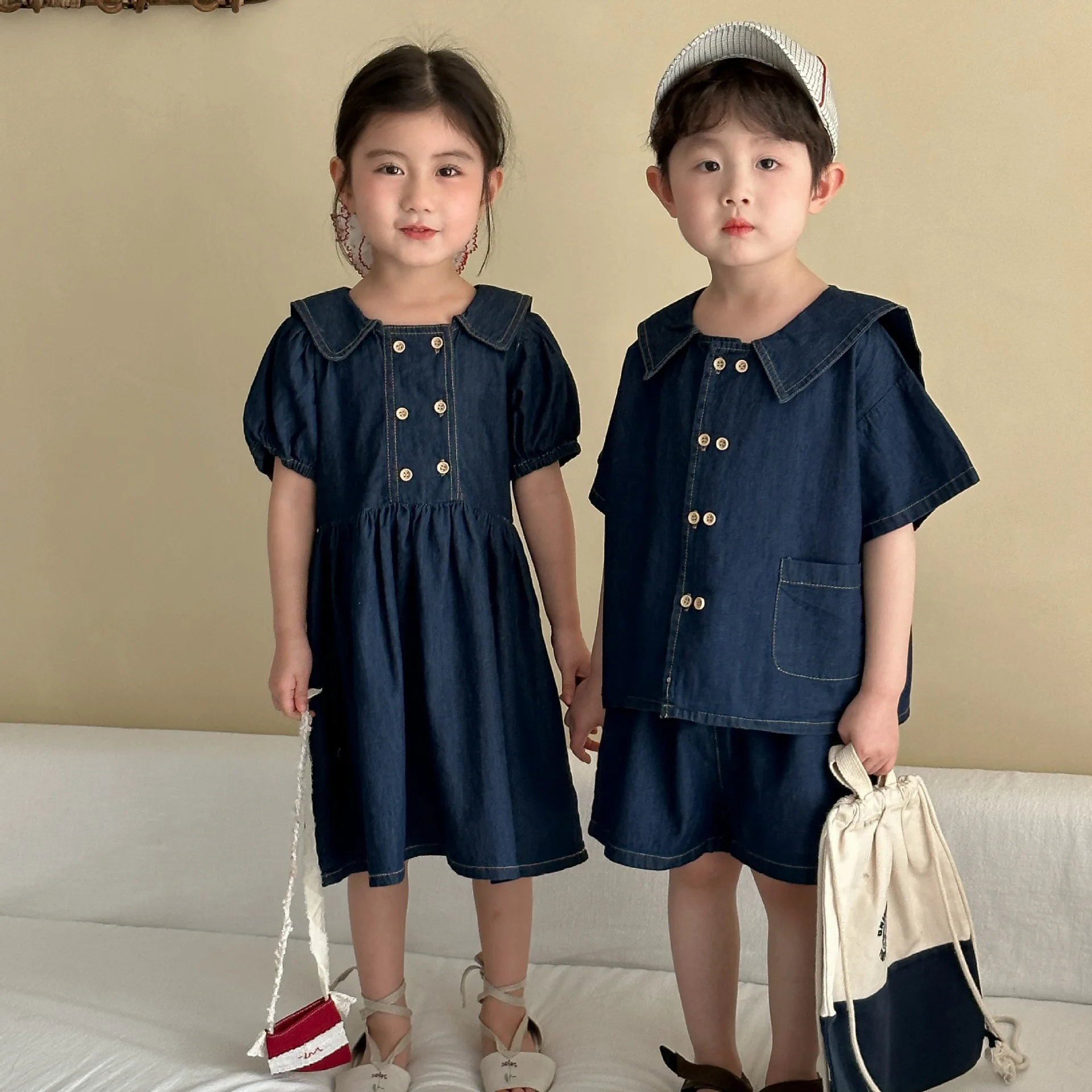Boys Shirts Shorts 2Pcs Outfits Short Sleeve Toddler Girls Dress 2025 Summer Brother And Sister Clothes Children's Denim Sets