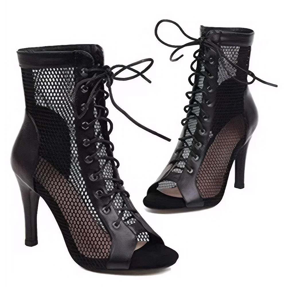 Sexy High Heels Hollow Mesh Sandals Women's Summer Cross-tied Peep Toe Heeled Sandals Ankle Strap Dance Shoes Black Net Sandals