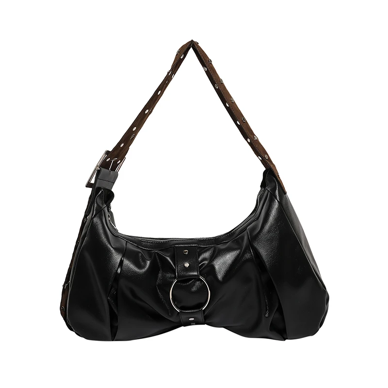 

2025 New Riveted Wide Shoulder Straps Black Shoulder Bag for Commuting Retro Motorcycle Underarm Single-shoulder Bag Y2K