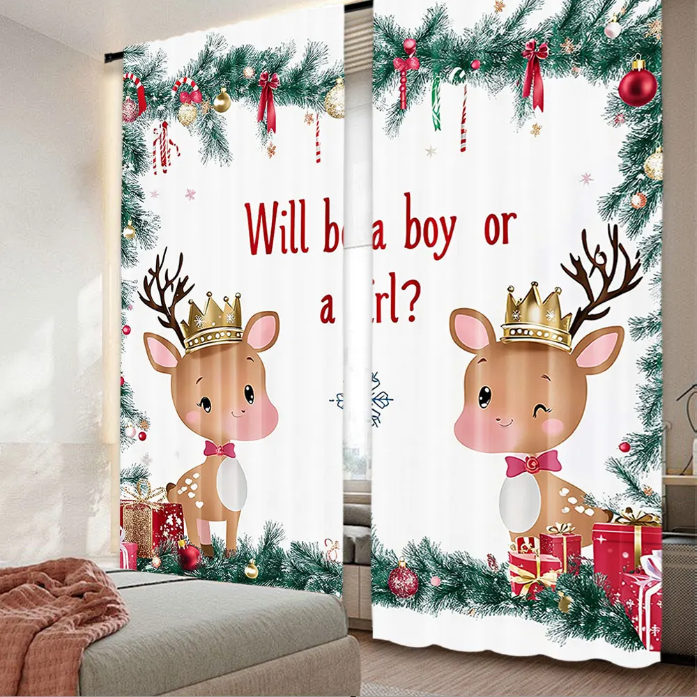 2Pcs Christmas Curtains Deer Gender Reveal He Or She Merry Christmas Newborn Suitable For Bedroom Living Room Dining Room