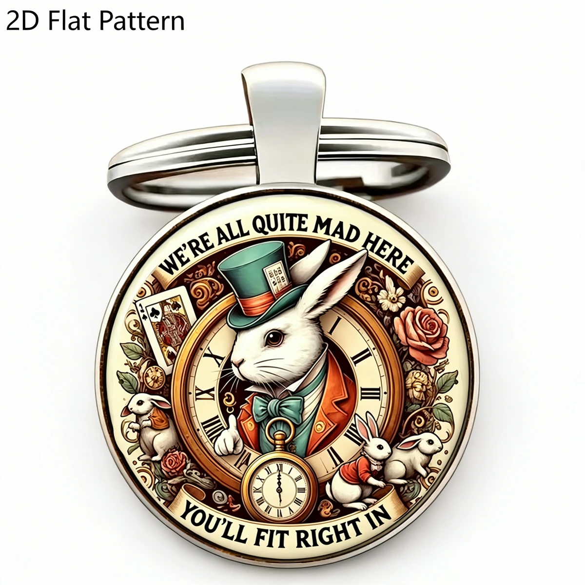 1Pc Alice in Wonderland White Rabbit Keychain Glass Dome Vintage Fairy Tale Key Ring We're All Quite Mad Here Fans Gift