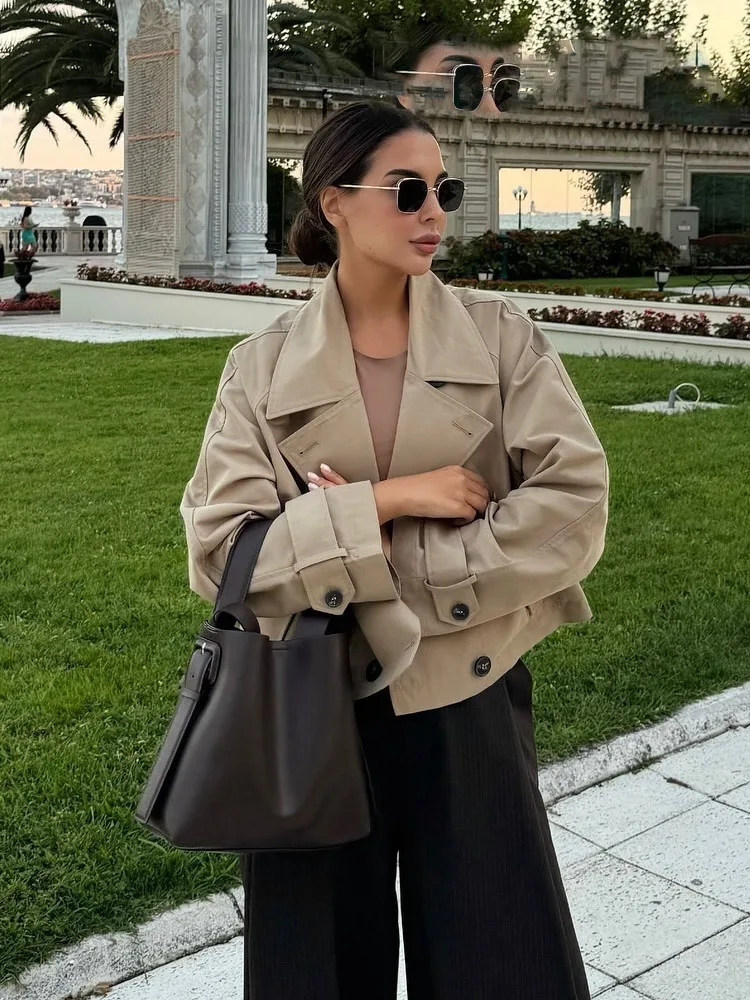 HH Trench corto moda donna Chic Solid doppio petto giacca a maniche lunghe donna cappotto slim design tascabile con risvolto vintage