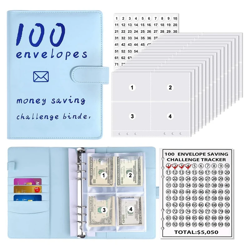 

100 Envelopes Money Savings Challenges Book,Storage Budgeting Binder Budget Book Cash Saving Challenge Kit(Blue)