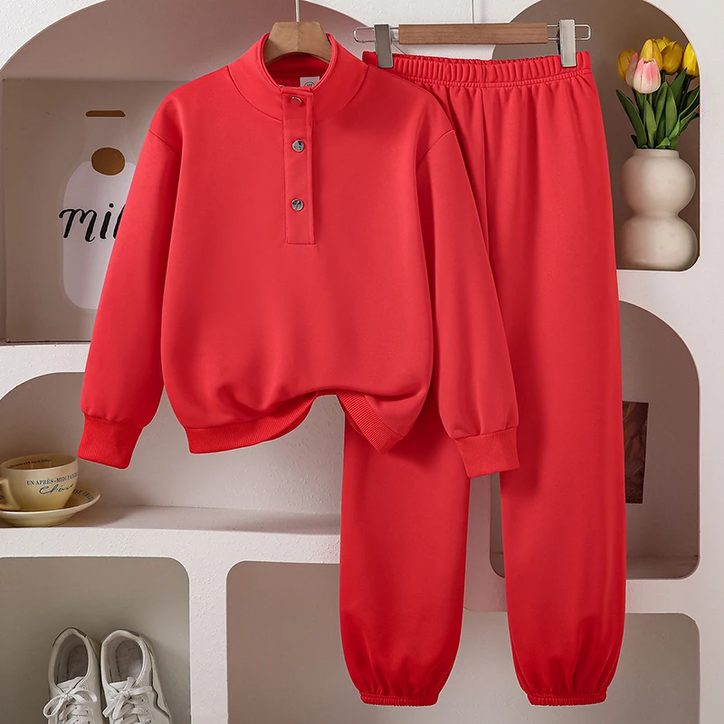 Girls 8-12 Spring Daily Tracksuit, Solid Stand Collar Half Button Sweatshirt Elastic Cuff Jogger Pants Loose Kids Outfit