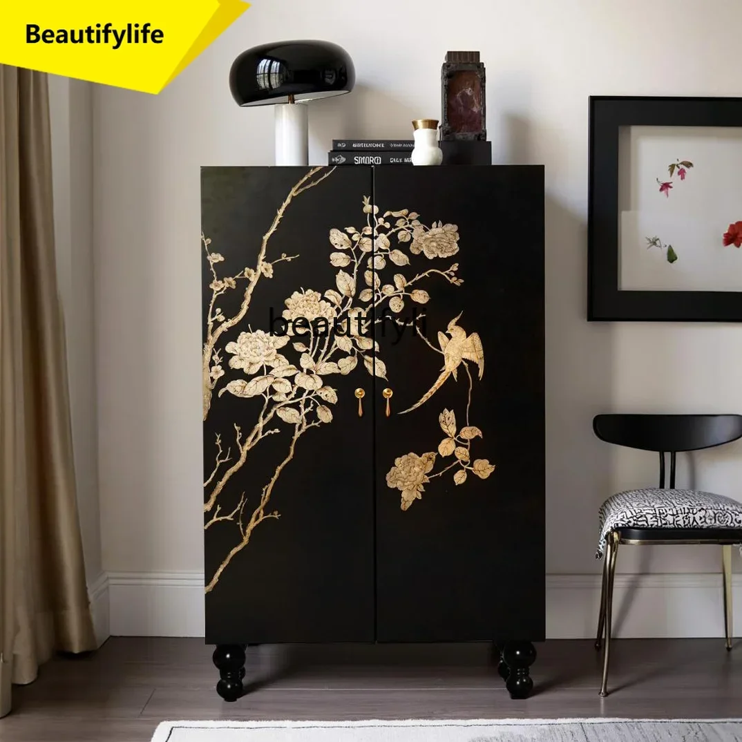 Q181 New Chinese solid wood hand-painted flower and bird picture living room entrance locker
