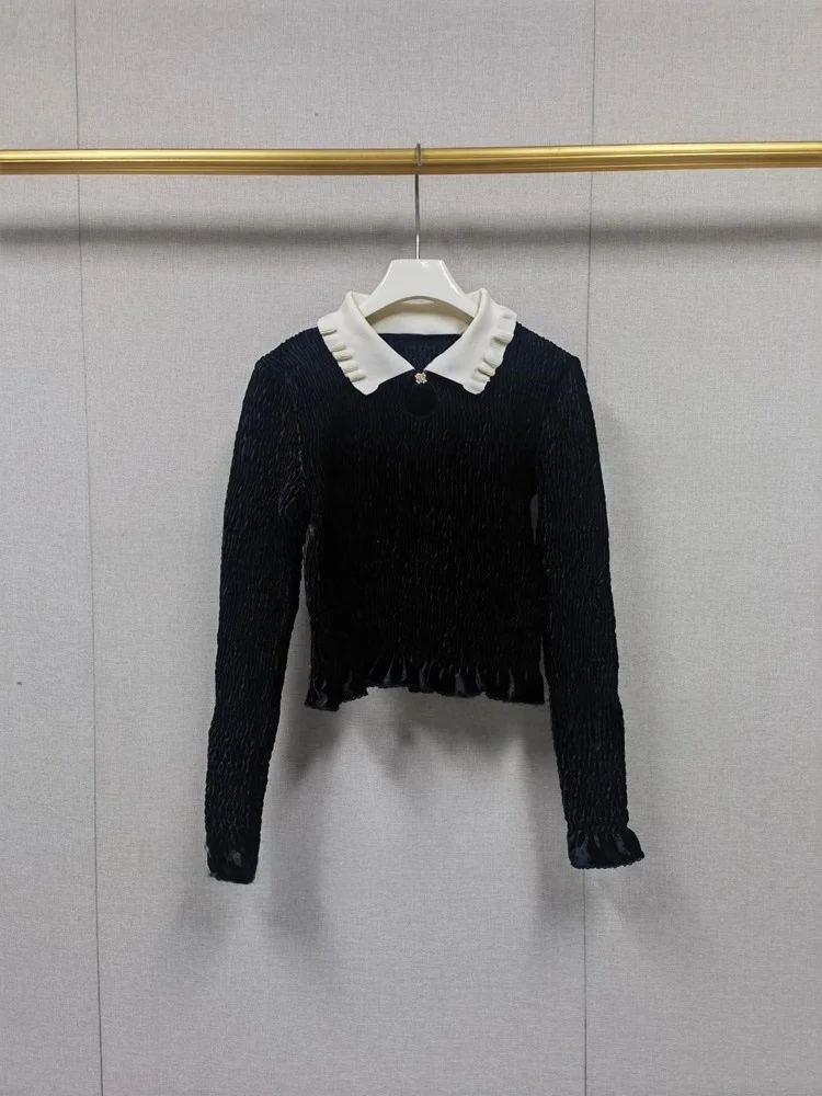 

MaSandeS Bla White Ruffle Knitted Top Faionable Women's Wear Slim Fit Sle Long Sve Collared Ne Design Autumn New A...