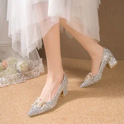 Summer New Women's Chunky Heel Shoes 2023 Sexy Bling Shallow Pointed Toe Heeled Shoes for Women Wedding Dress Ladies Pumps