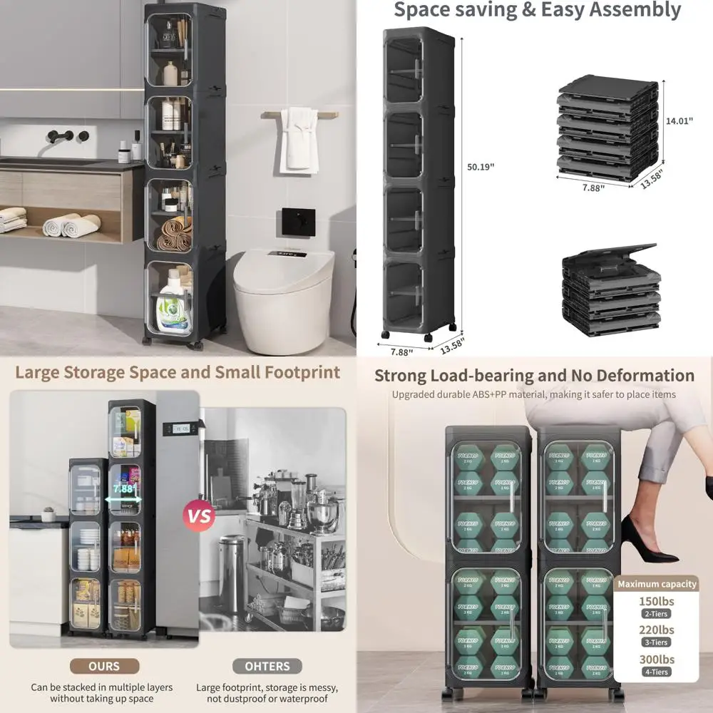 

space-saving 4-tier slim bathroom storage rack, portable and foldable cabinet for compact spaces