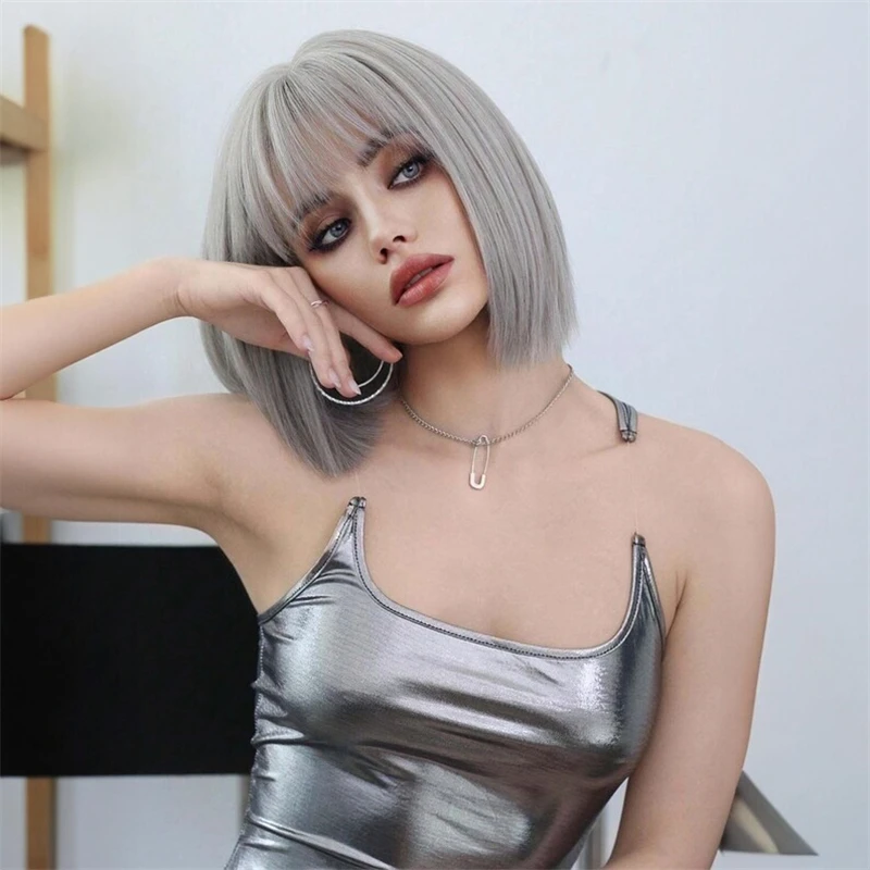 Silver Grey Natural Human Hair Wigs for Women Short Straight Remy Human Hair Wigs with Bangs 12 inch Bob Wigs For Women Daily