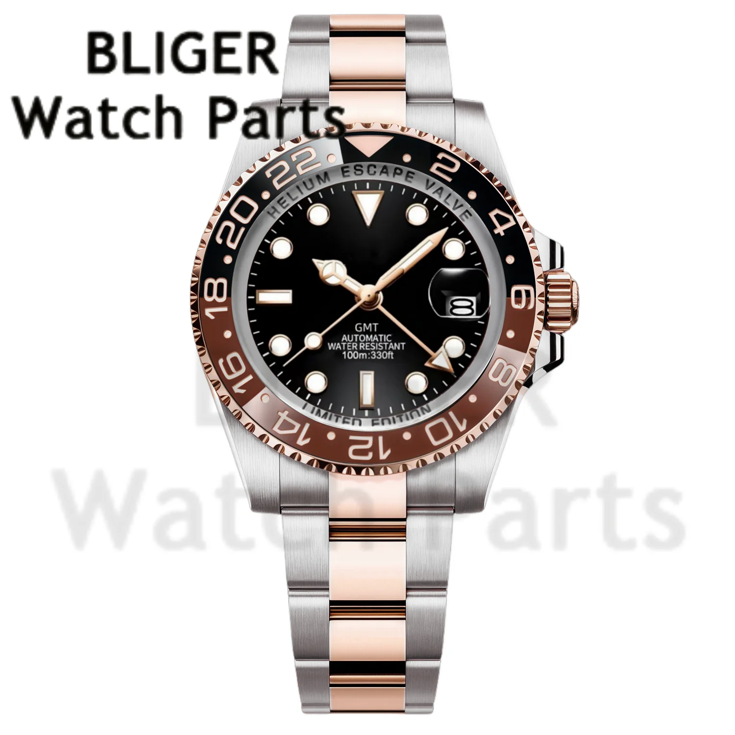 100 m wasserdichte 40-mm-Armbanduhr Rootbeer NH34A DG3804 Automatikuhr für Herren, leuchtendes Zifferblatt, Keramiklünette, silberfarbenes Roségold-Armband