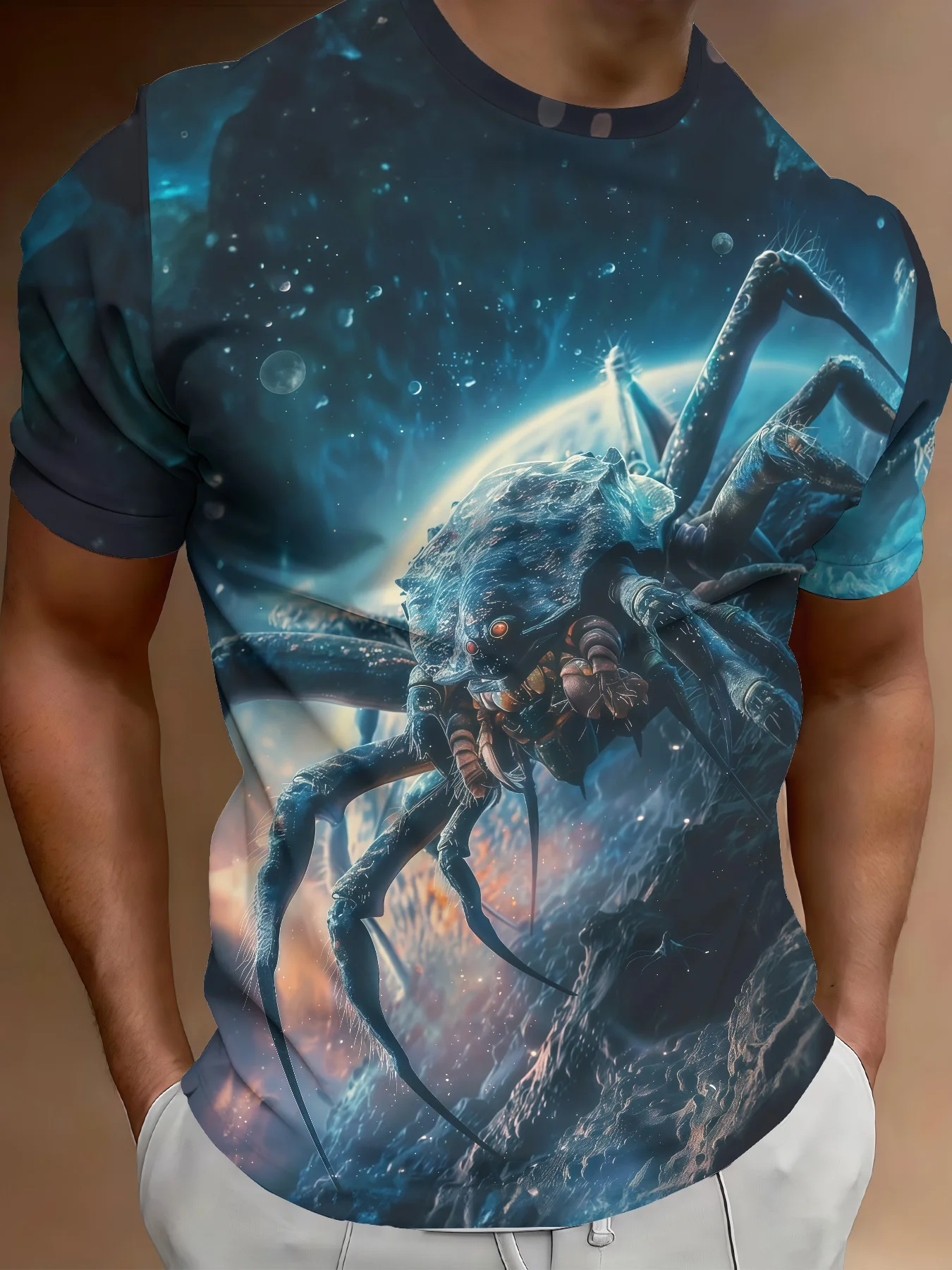 Men's Crew Neck Tee 3D Giant Sea Crab Planet Deep Space Cosmic Print Ocean Creature Casual Tops